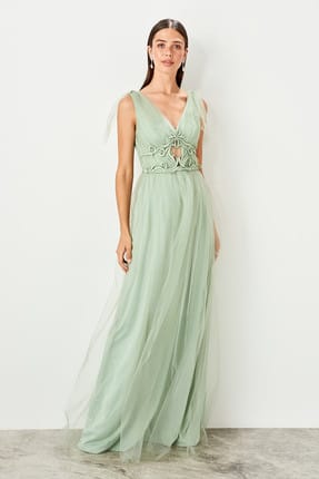 Trendyol - Yeşil Aplike Detaylı Abiye Elbise İndirimini Kaçırma!