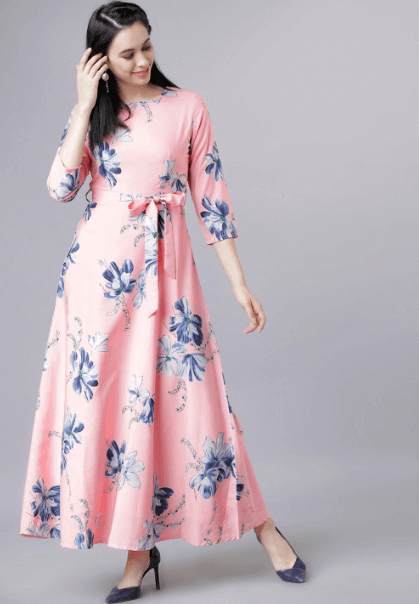 Myntra - Pink Floral Print Maxi Belted Dress