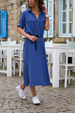 Trendyol - İndigo Yanı Yırtmaçlı Gömlek Elbise İndirimini Görmelisin!